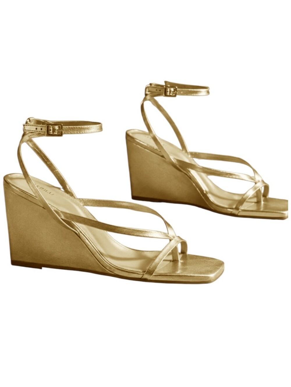Maeve By Anthropologie Gold Strappy Square-Toe Wedge Sandals Leather Sz 6